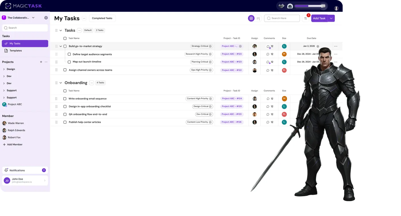 MagicTask dashboard with a dungeon character