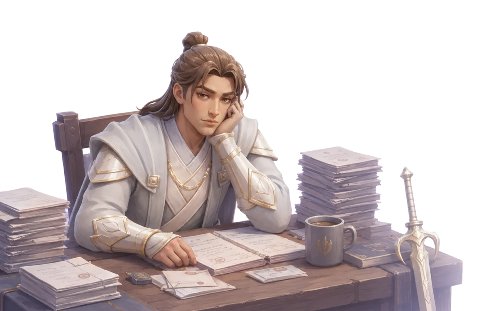 A tired team lead surrounded by paperwork