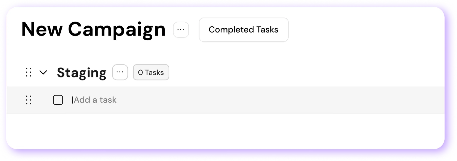 New Campaign workspace with a Staging section ready for tasks