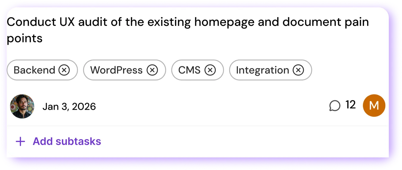 Task with project tags, owner, due date, comments, and subtasks