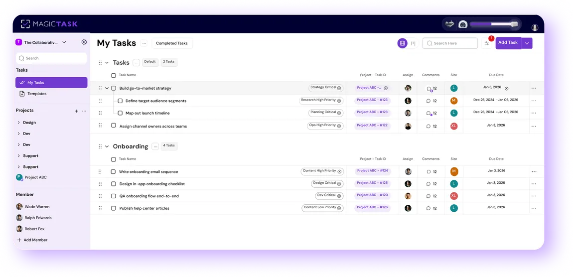 MagicTask shared team workspace dashboard