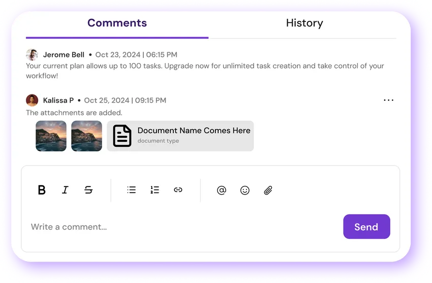Task comments and history panel with files and feedback