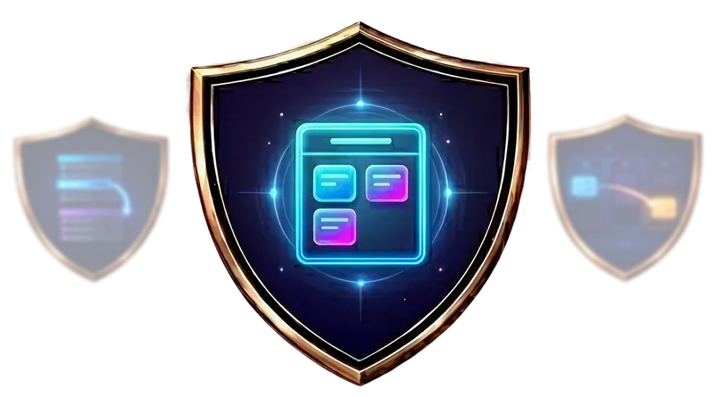 Glowing shield with a task board, representing team achievements