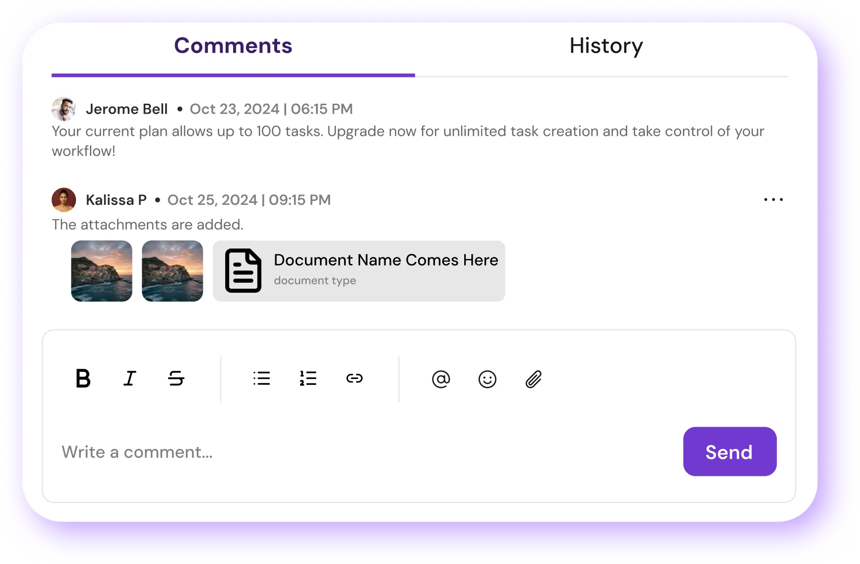Task comments and attachments panel