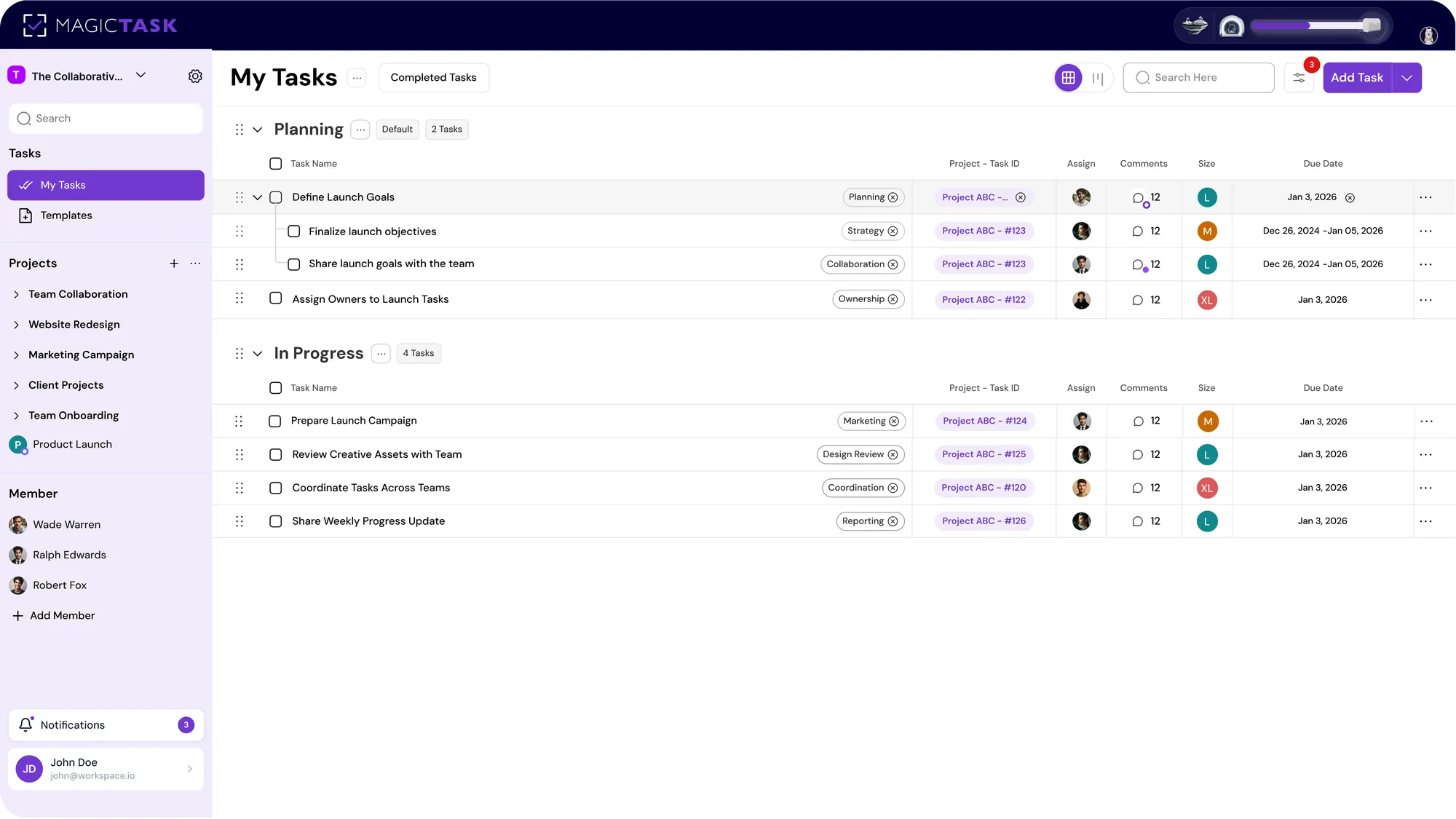 Family Tracking shared task dashboard