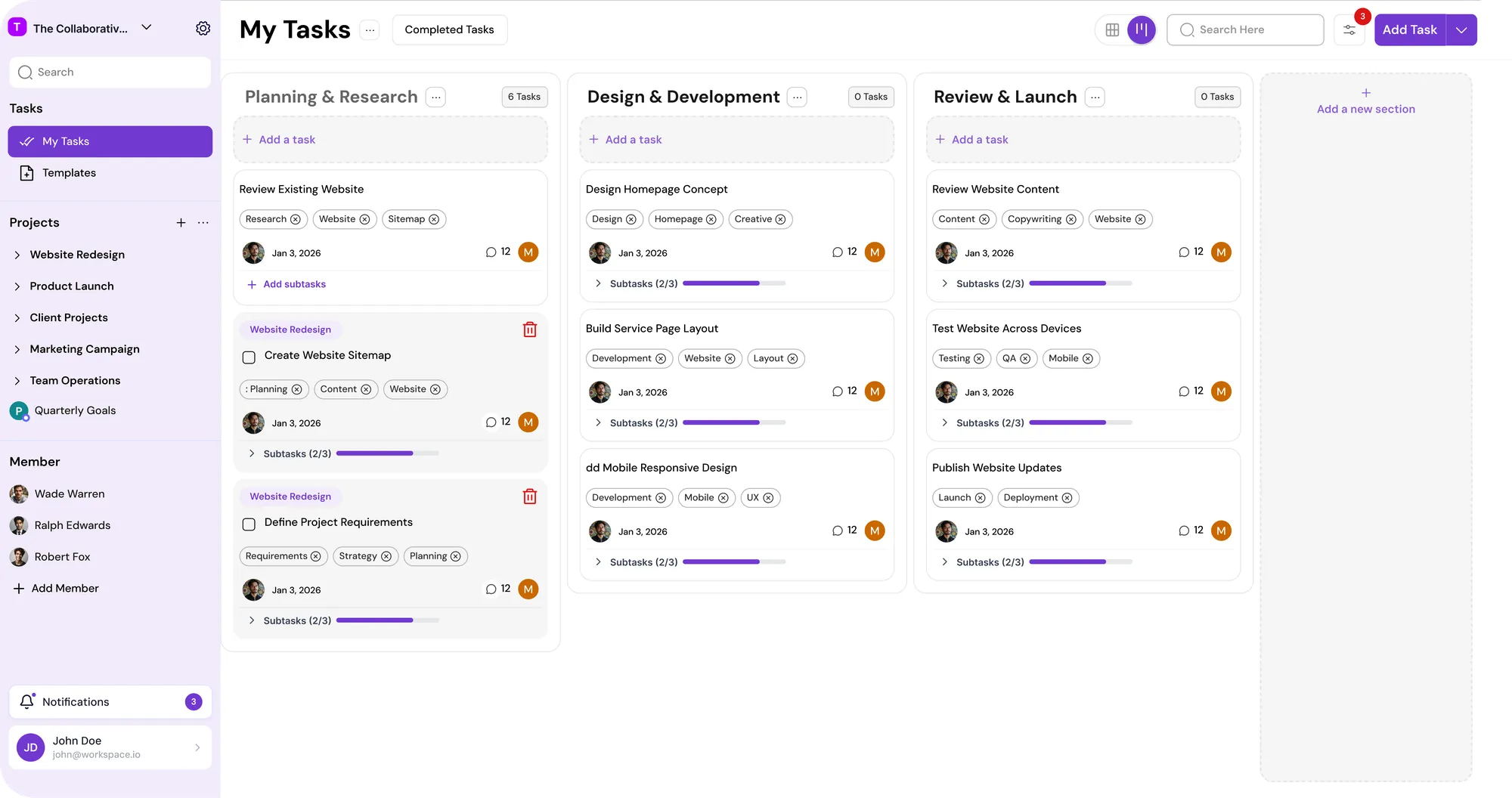 Project and task management board with planning, development, and launch columns