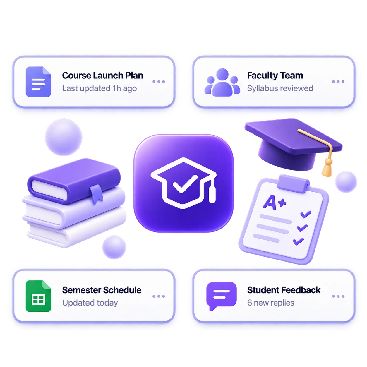 Education course plan, faculty team, books, graduation cap, checklist, and student feedback