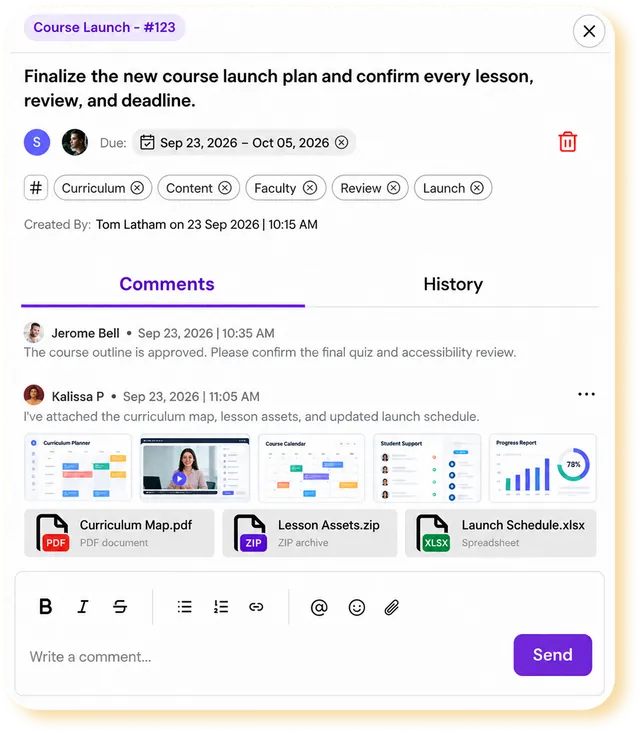 Education task details with comments, history, and attached course files