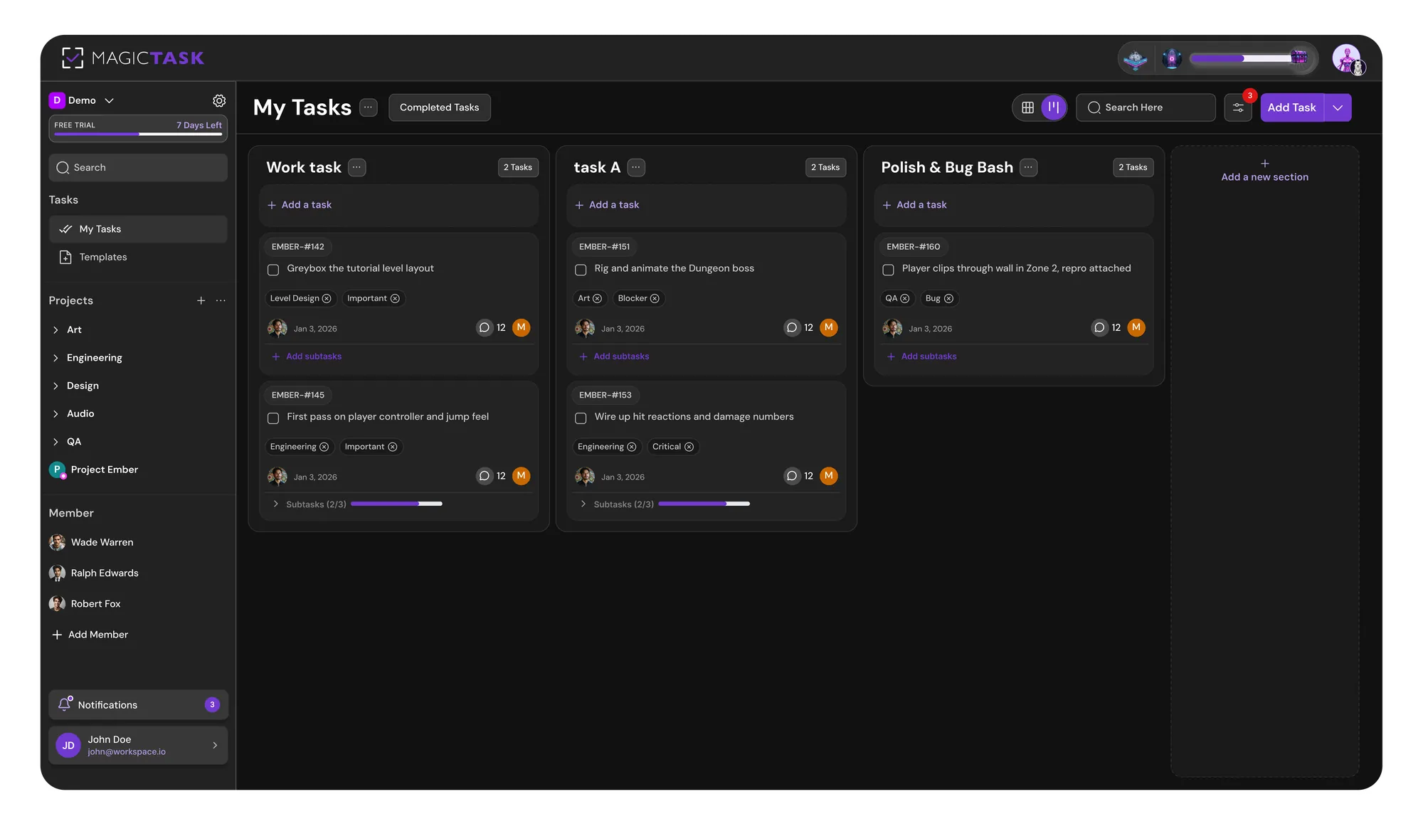 MagicTask project dashboard for a game studio