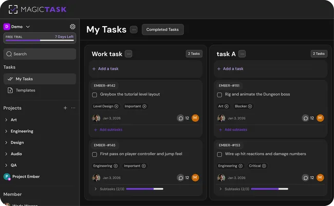 Dark MagicTask task board for a game development team