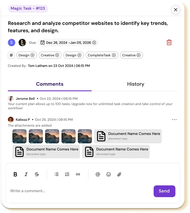 MagicTask task details with build notes, attachments, and comments