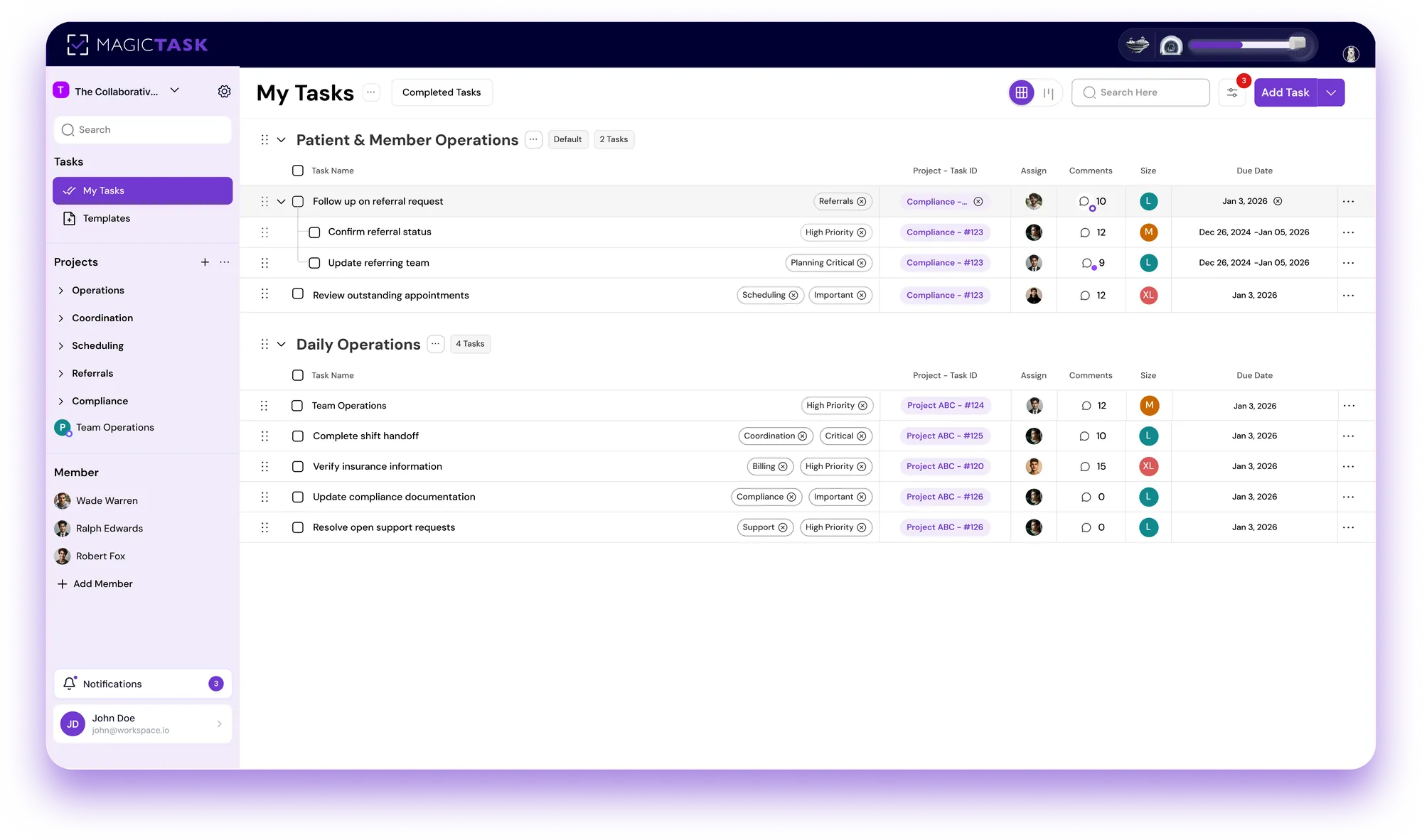 MagicTask workspace showing coordinated healthcare operations