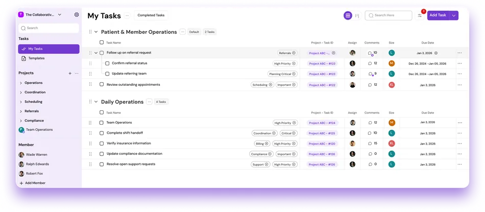 MagicTask healthcare dashboard inside a purple frame