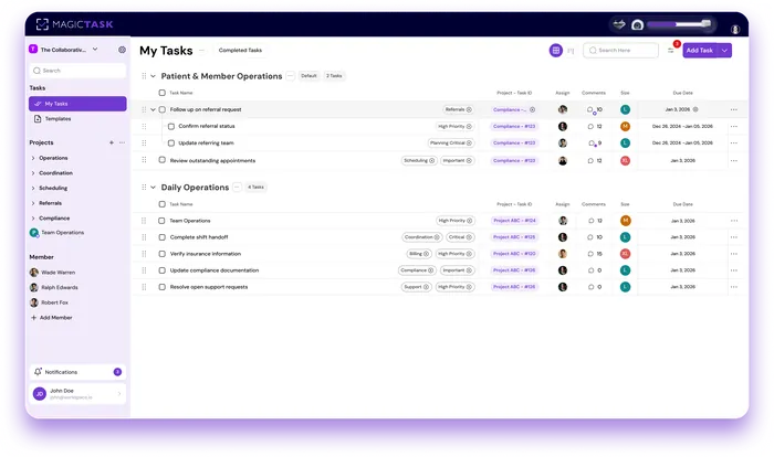 Healthcare operations task dashboard