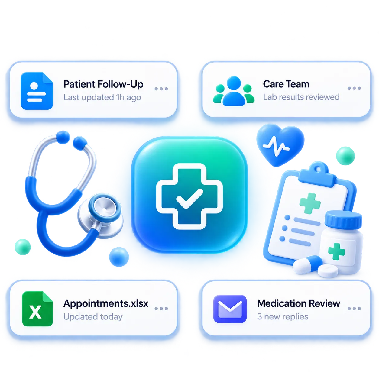 Healthcare follow-up cards, care team, stethoscope, care symbol, clipboard, appointments, and medication review