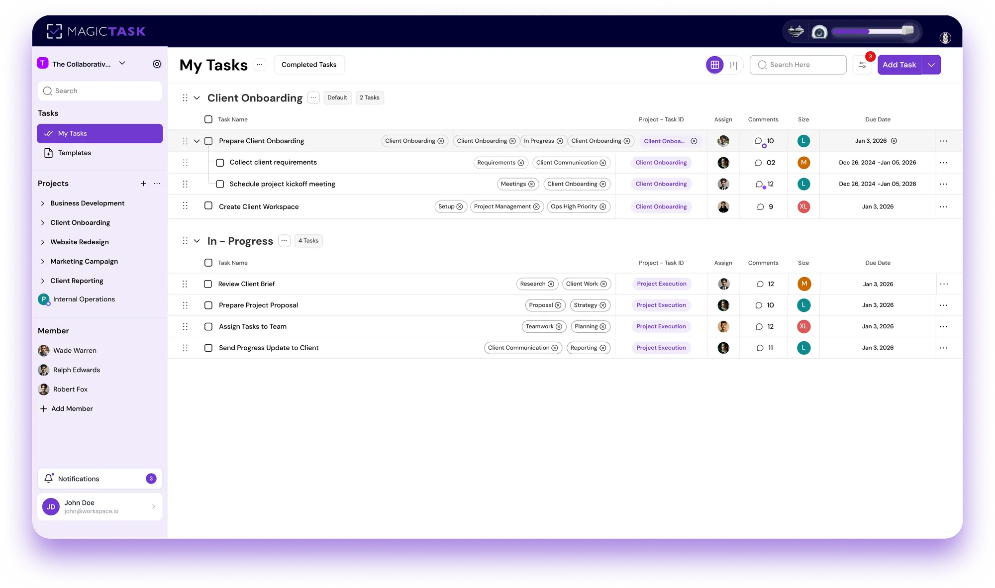 MagicTask workspace showing team projects and client work