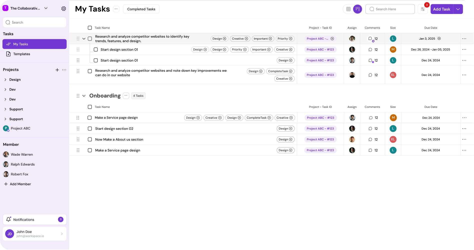 MagicTask project dashboard