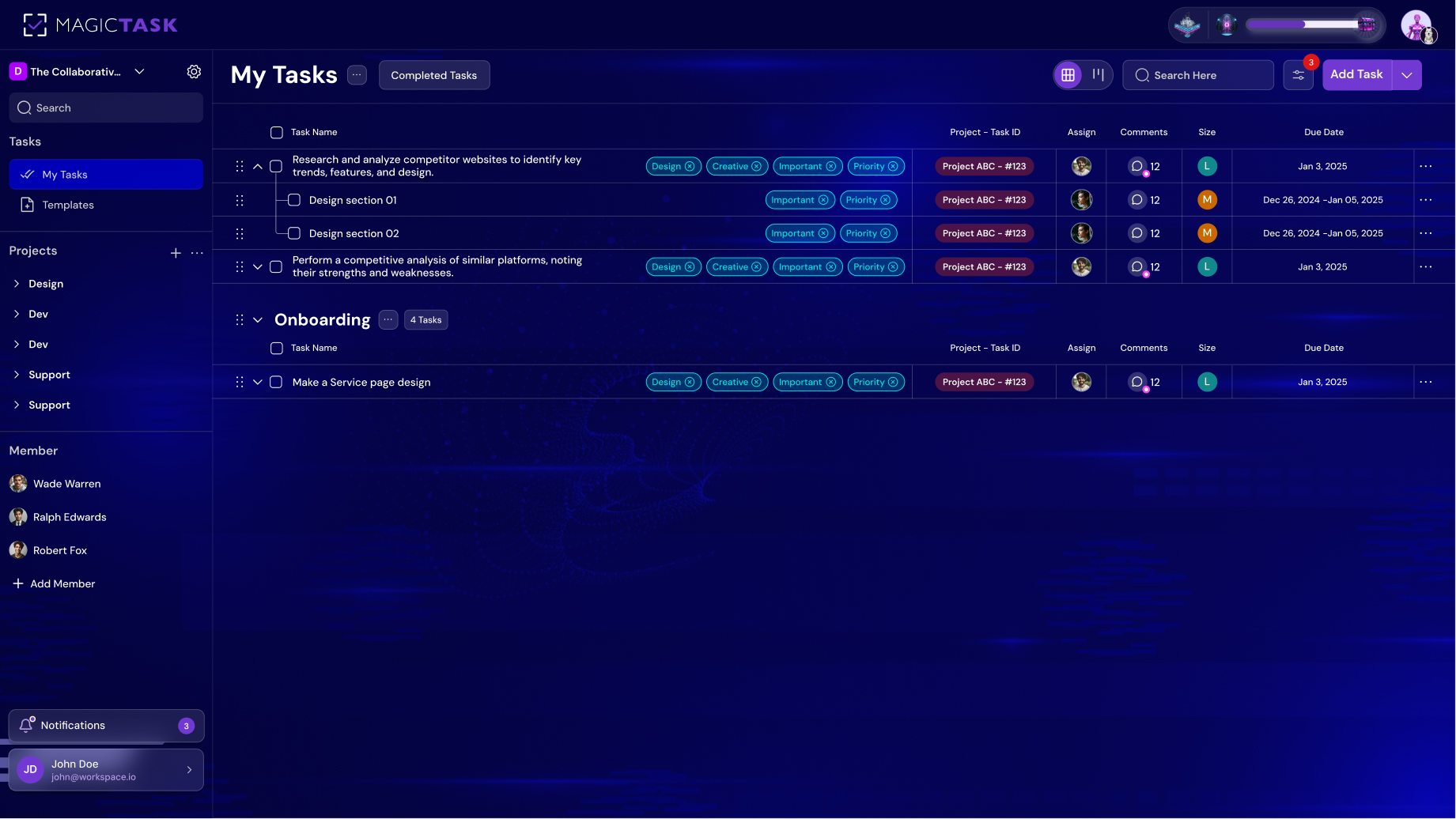 MagicTask project dashboard